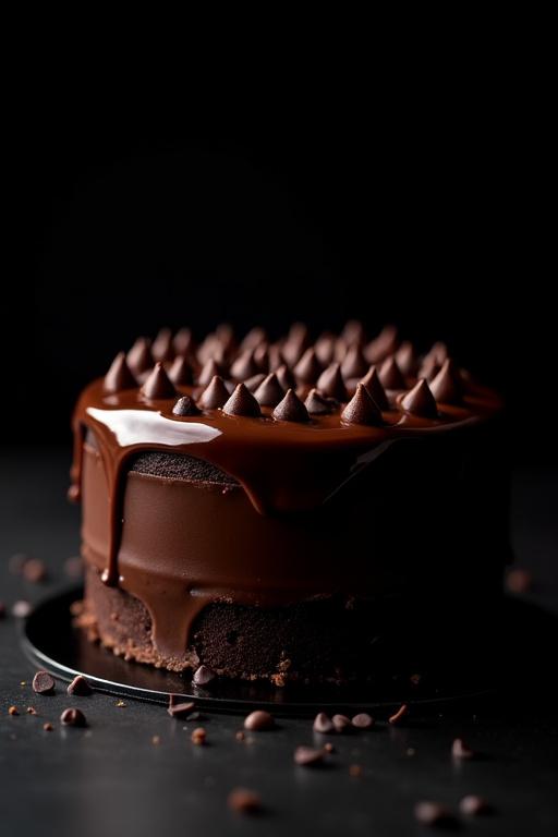Impresionante tarta de chocolate oscuro con un glaseado brillante y trozos de chocolate, lista para servir