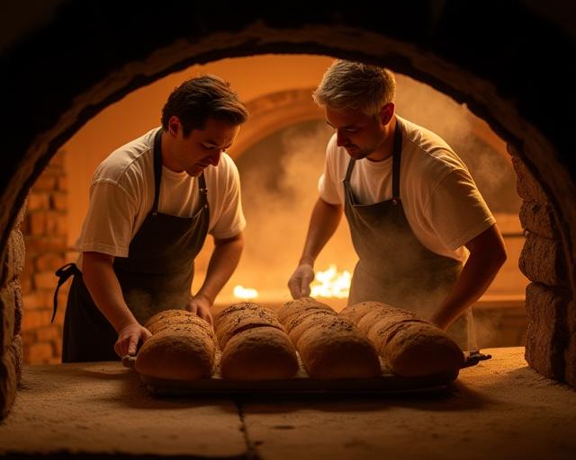 Dos panaderos artesanos sacando pan de un horno de leña, con vapor que se eleva, simbolizando tradición y elaboración cuidada.
